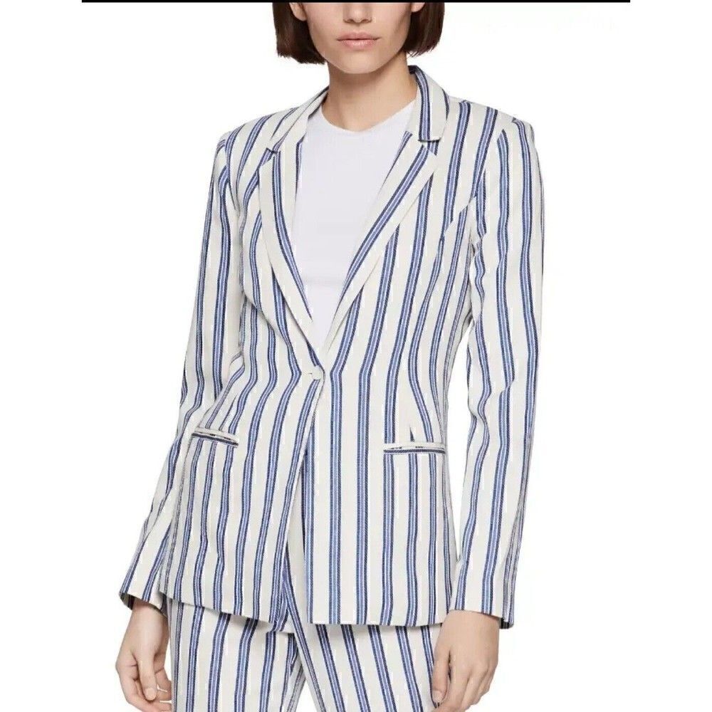 BCBGENERATION Cotton Blend White/Blue Striped 1-Button Blazer M